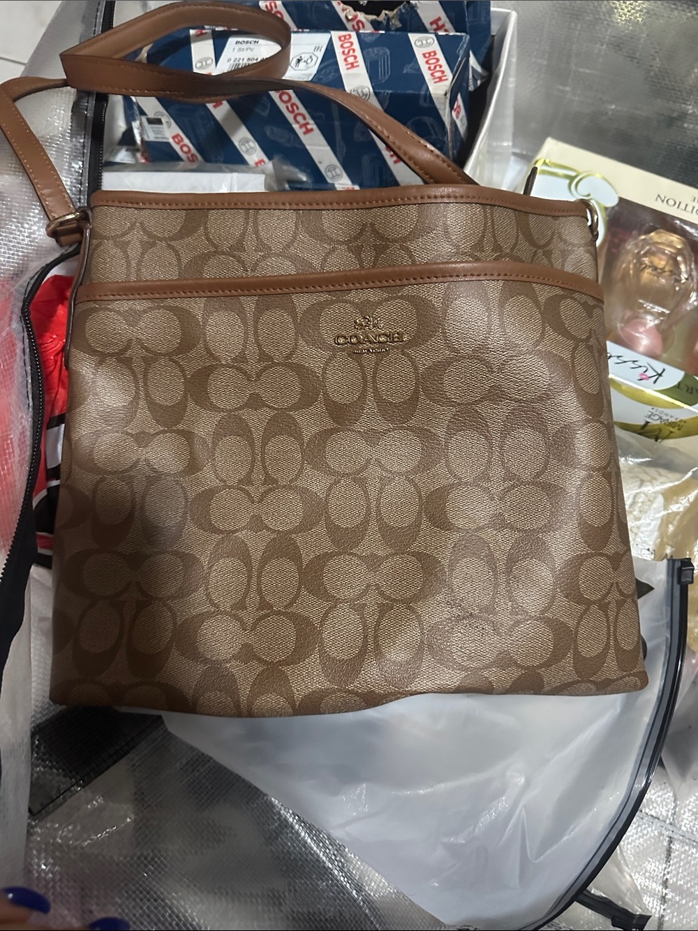 Coach Brown Signature Canvas Shoulder Bag with Leather Trim